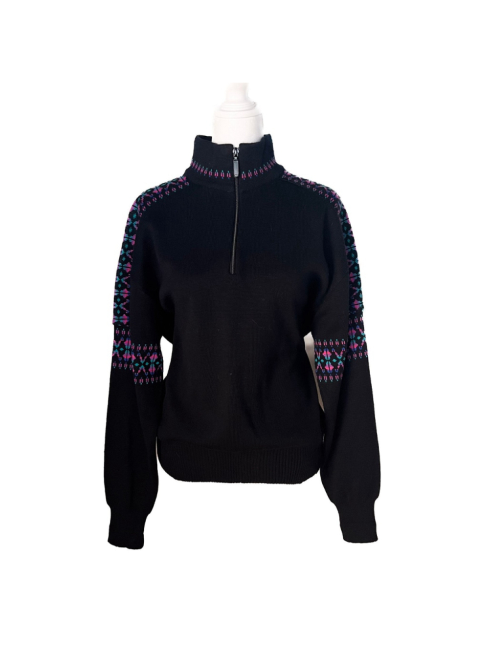 Meister Quarter Zip Ski Sweater M Vintage 80s Nordic Fair Isle Wool Blend Black